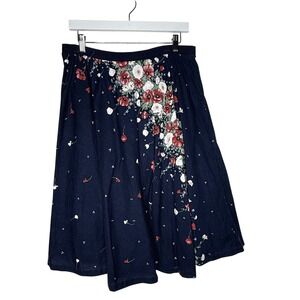 Vintage Navy Blue Floral Midi Skirt Women's Size 12 Midi Skirt Poppy Daisy Print